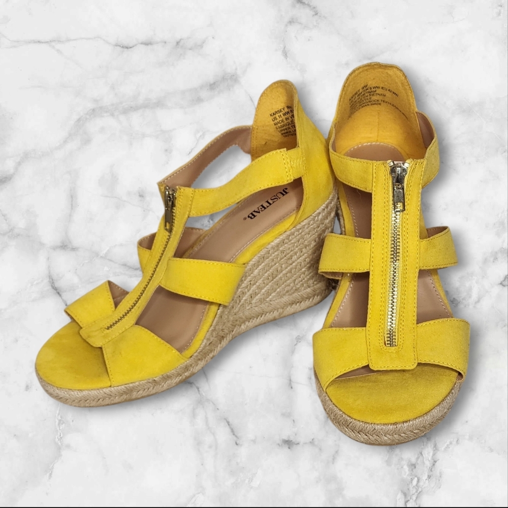 NWOT JustFab Karsey Wedge Sandal Heel in Yellow | Size 11 WW (Wide Width)